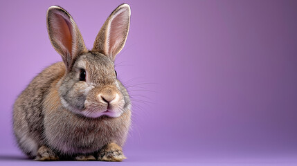 Obraz premium Cute fluffy brown rabbit against solid purple background. Suitable for greeting cards, easter promotions, children's products, and animal lovers.