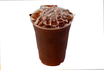Iced black coffee in plastic cup with ice.