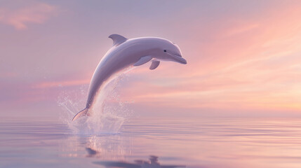 Dolphin gracefully jumps from ocean at sunset, splashing water. Suitable for travel, marine life, and wildlife themed designs or projects.