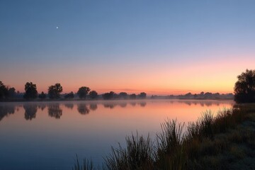 Obraz premium Serene lake at dawn with reflections and pastel sky.