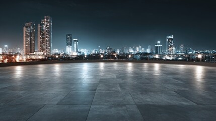 Urban cityscape at night from rooftop
