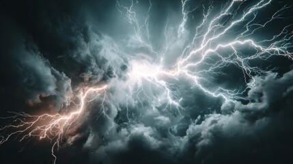 Dramatic lightning strike in dark stormy sky, vivid electric blue light, swirling clouds, minimal ground, cinematic storm photography