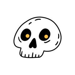 Fototapeta premium Cartoon retro skull illustration with orange eyes on a white background. Hand drawn vector illustration for Halloween decoration and design purposes.