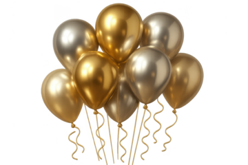 Festive metallic gold and silver balloons isolated on transparent background