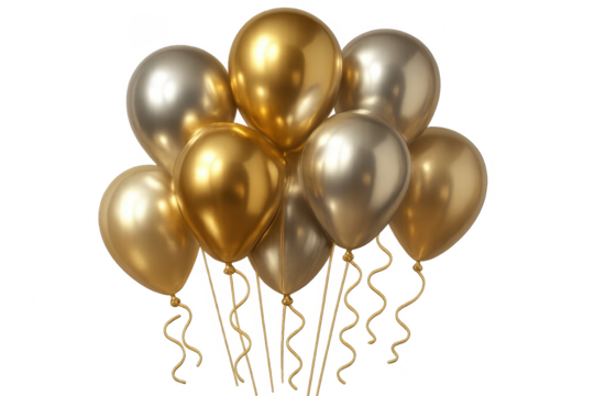 Festive metallic gold and silver balloons isolated on transparent background