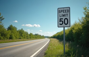 American highway with clear blue sky, fluffy clouds. White speed limit 50 mph sign stands tall beside grassy verge, dense line of green trees. Road stretches into distance with yellow, white lane