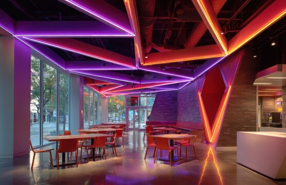 Modern restaurant interior design with vibrant neon lighting