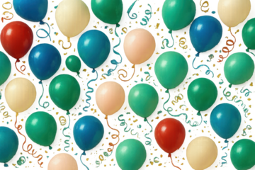 Colorful party balloons with curly ribbons isolated on a transparent background