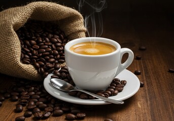 Aromatic Espresso with Steaming Crema and Roasted Beans