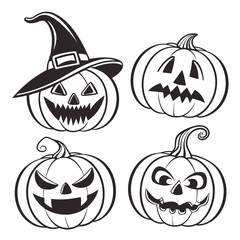 Naklejka premium Four spooky halloween jack o lantern pumpkins with different scary faces and one wearing a witch hat