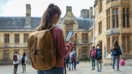 Girl student with a backpack looking at her smartphone in university college or high school, digital education technology and tools, social networks concept