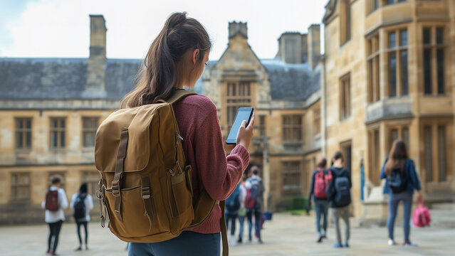 Girl student with a backpack looking at her smartphone in university college or high school, digital education technology and tools, social networks concept - Powered by Adobe