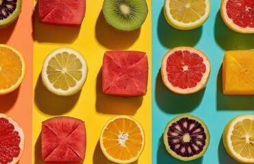 Colorful sliced fruits arranged on vibrant background creating visually appealing pattern