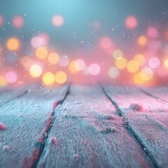 Festive Wooden Table Top with Bokeh Lights