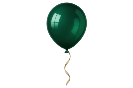 Glossy dark green party balloon with ribbon isolated on transparent background