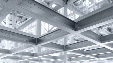 Obraz premium Geometric arrangement of industrial steel beams at construction site, soft natural light, subtle shadows, minimal background, award-winning architectural photography