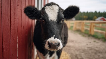 A close-up view of a black and white cow standing near a barn. The setting is a rural farm with a wooden fence and green fields in the background.