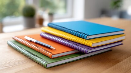 Colorful spiral notebooks and pen on wooden desk near window.