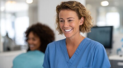 Obraz premium A cheerful healthcare worker in scrubs smiles in a modern clinic. Another patient is seen in the background, creating a positive atmosphere.
