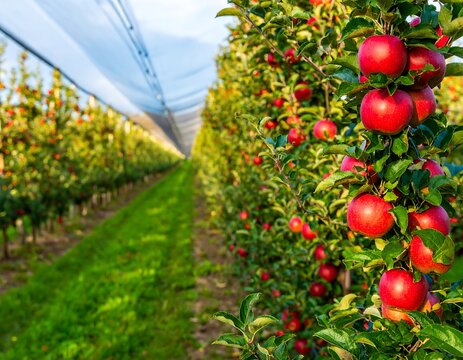 Rows of apple trees laden with ripe fruit under protective netting