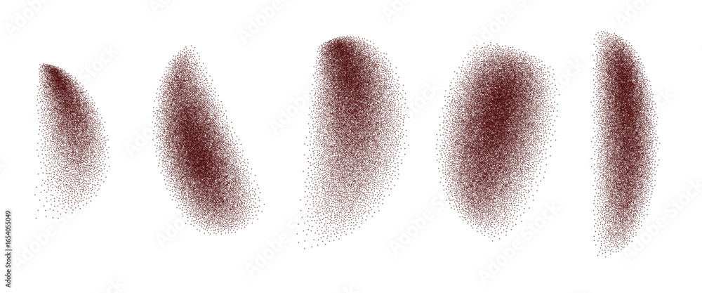 Poster curve grainy gradient textured spicy shapes set. dark red stippled splatter figures. grunge noise do