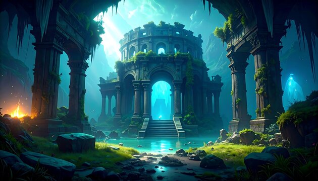 Fantasy ruin with glowing moon