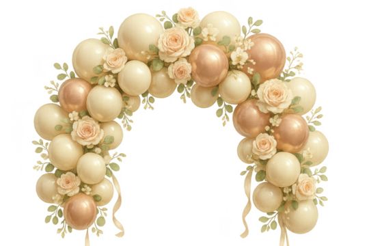 Elegant pastel balloon arch with roses isolated on transparent background
