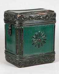 Vintage Green Metal Box with Floral Design and Ornate Detailing