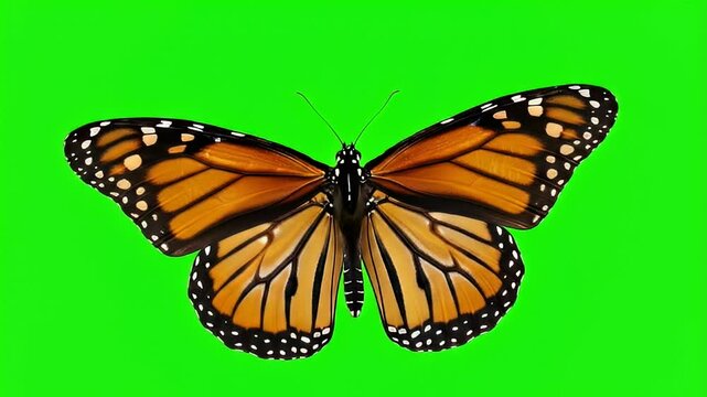Monarch butterfly front-facing with wings stretched wide on green screen