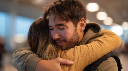 Obraz premium A man and woman embrace warmly at an airport, conveying joy and connection. The setting is bright and modern, capturing a heartfelt moment.
