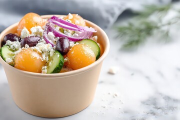 Mediterranean Salad In A Beige Paper Container
