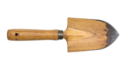 Antique wooden shovel with weathered handle isolated on the transparent background for garden and rustic decor concepts isolated on solid white background in Png.