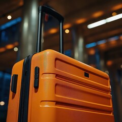 Close Up Of Vibrant Orange Suitcase In Airport Terminal