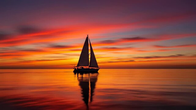 Elegant sailboat gliding over calm waters during a vivid orange sunset on a serene horizon.