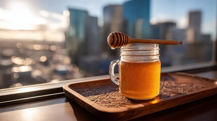 Honey Jar On Wooden Tray With City Sunset View