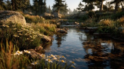 Idyllic Stream Flowing Through Untouched Nature with Wildflowers Blooming