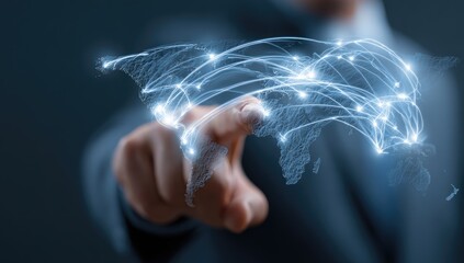A hand interacts with a global network overlay