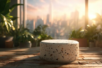 Stylish Round Terrazzo Display Stand With Cityscape View