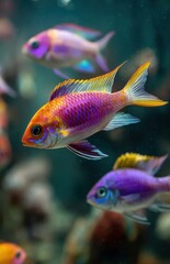 Colorful lyretail anthias swimming in aquarium with blurred coral reef background