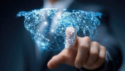 A person touches a digital globe map