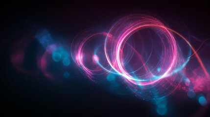 Obraz premium Glowing light trails forming bright circles and blue bokeh for abstract backgrounds, technology concepts, or vibrant design elements.