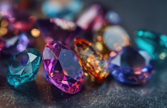 Colorful gemstones sparkling on dark background