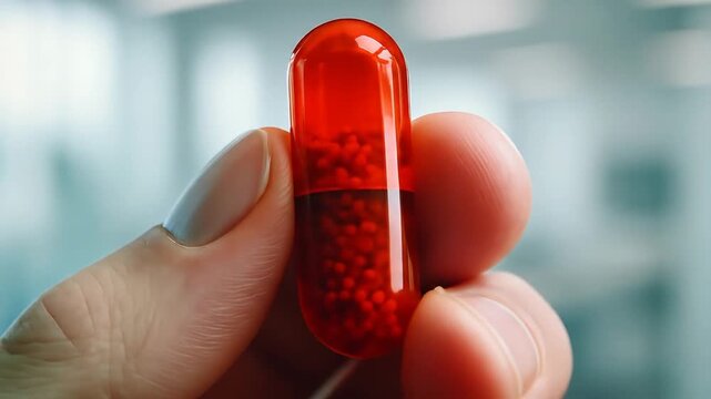 Close up view of a hand holding a red capsule pill with small granules inside
