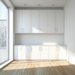 Fototapeta premium Bright and spacious interior of a modern room featuring white cabinets, wooden flooring, and large windows allowing natural light to illuminate the space with a minimalist design concept
