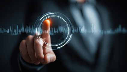 A hand touches a glowing circular interface