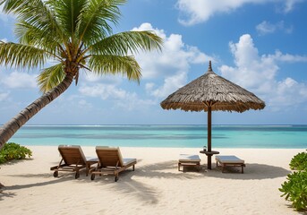 Tranquil Beach Scene with Palm Tree, Thatched Umbrella, and Lounge Chairs in Tropical Paradise