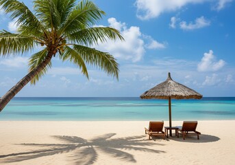Tranquil beach scene with palm tree, turquoise water, and inviting lounge chairs under a thatched umbrella