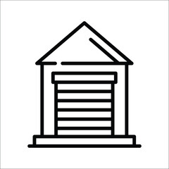 A blackoutlined building with a peaked roof and a closed striped garage door