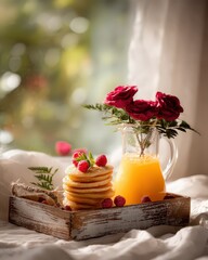 Golden Pancakes And Roses Breakfast Scene With Orange Juice