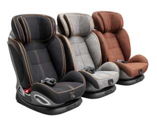 Three child car seats in various colors, showing details
